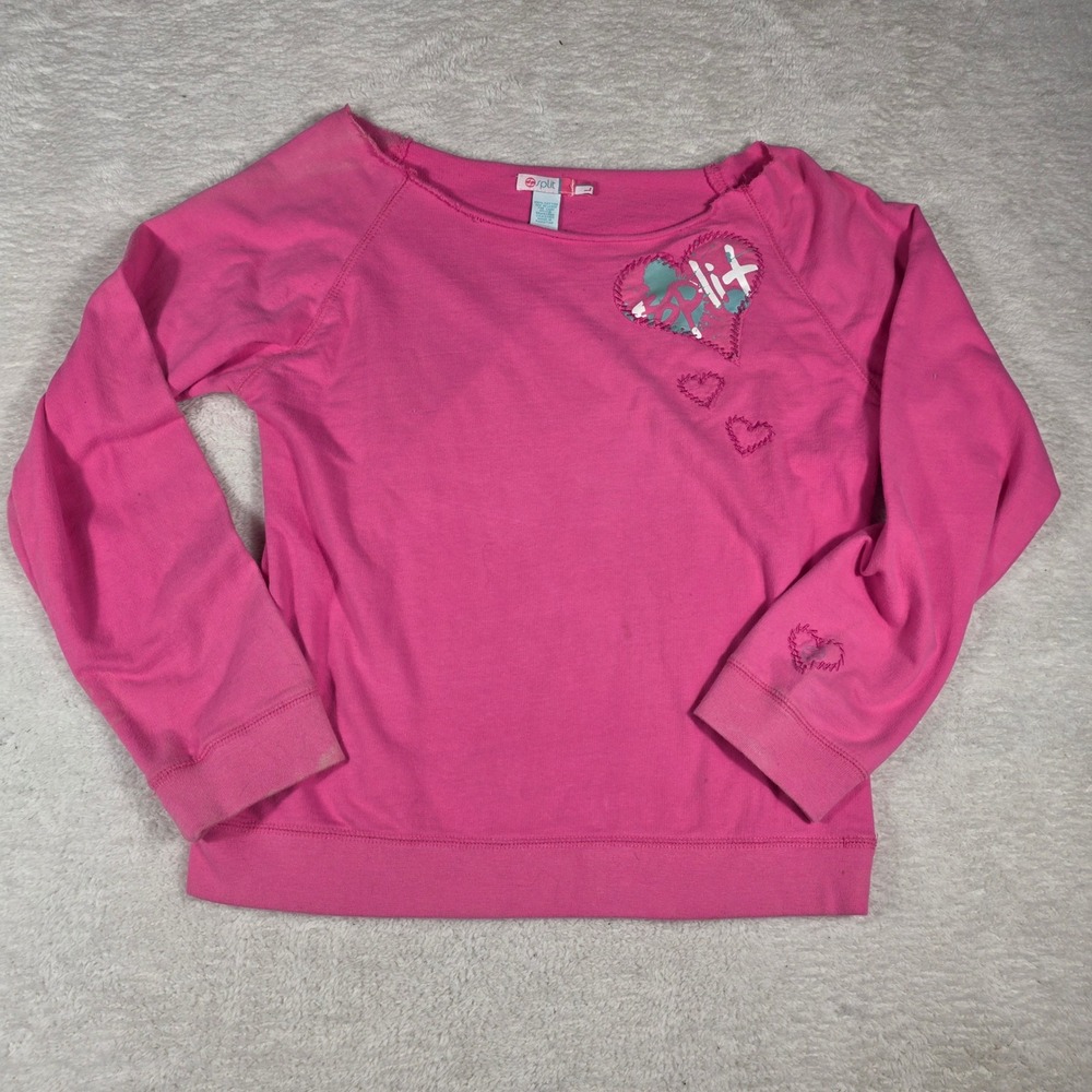 Vintage Split Heart Graphic Top Womens Large Pink Y2K Long Sleeve Skater  HO2004